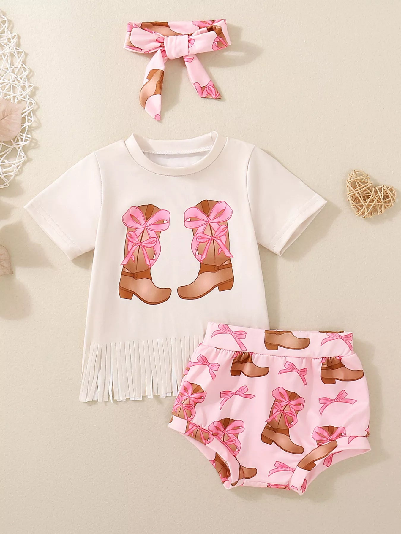 Children's Cow Floral Graphic Fringe Tee and Shorts Set with Headband