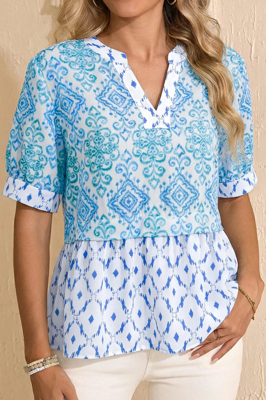 Floral Geometric Patchwork Short Puff Sleeve Babydoll Blouse