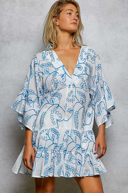 POL Tiered Ruffled Printed 3/4 Sleeve Mini Dress