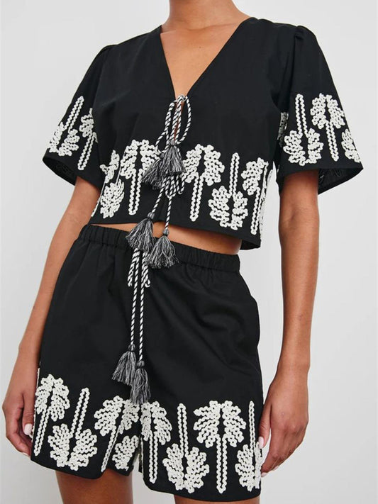 Tie Front Short Sleeve Top and Shorts Set