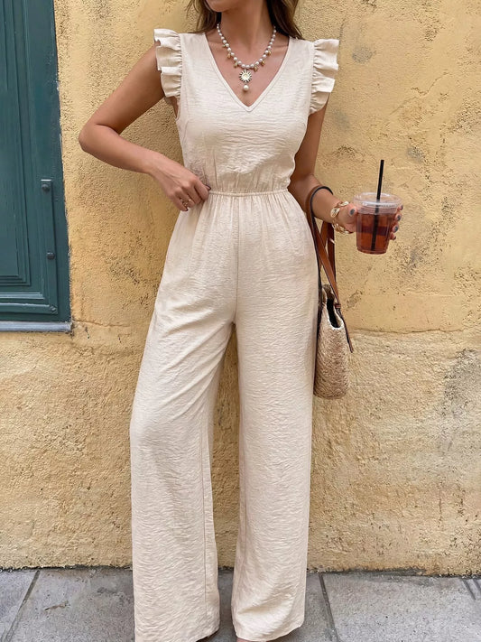 Ruffled V-Neck Wide Leg Jumpsuit