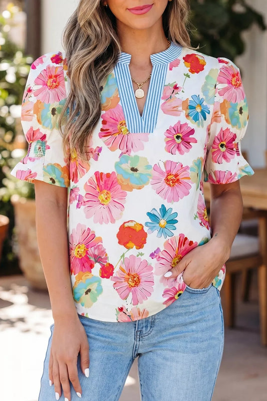 Floral Print Short Puff Sleeve Striped Trim V Neck Blouse