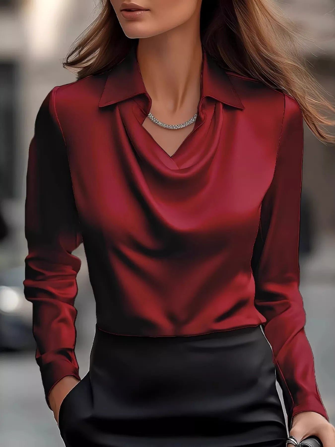 Full Size Satin Cowl Neck Long Sleeve Blouse Plus Size