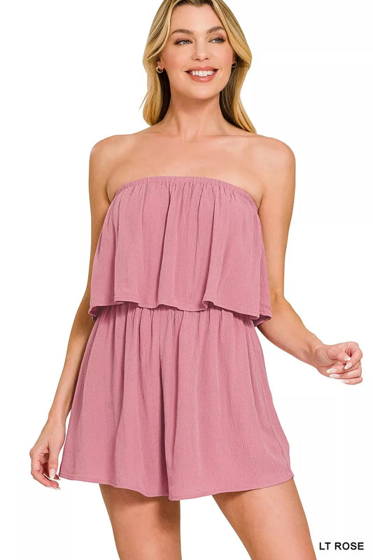 Zenana Woven Crinkle Strapless Rompers