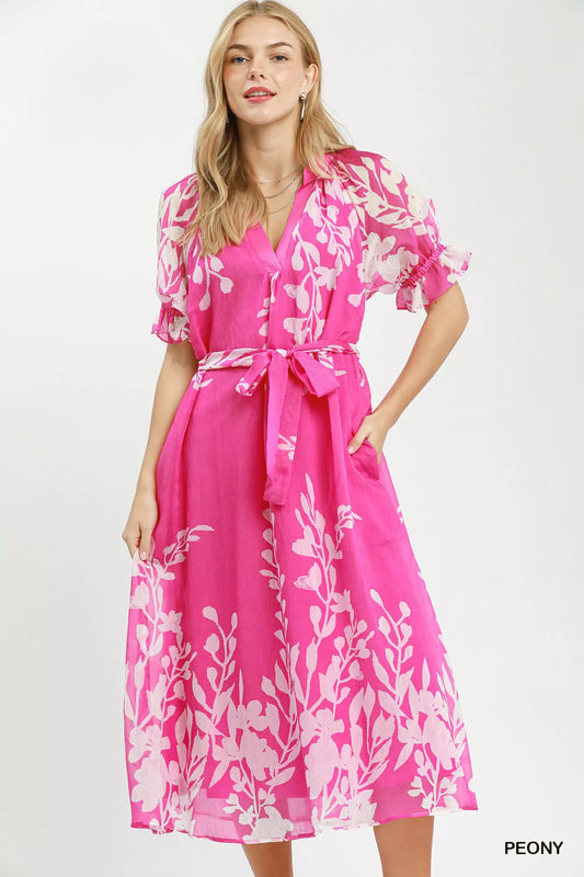 Umgee Floral Print Tie Waist Midi Dress with Side Pockets