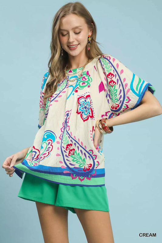 Umgee Border Print Puff Sleeve Blouse
