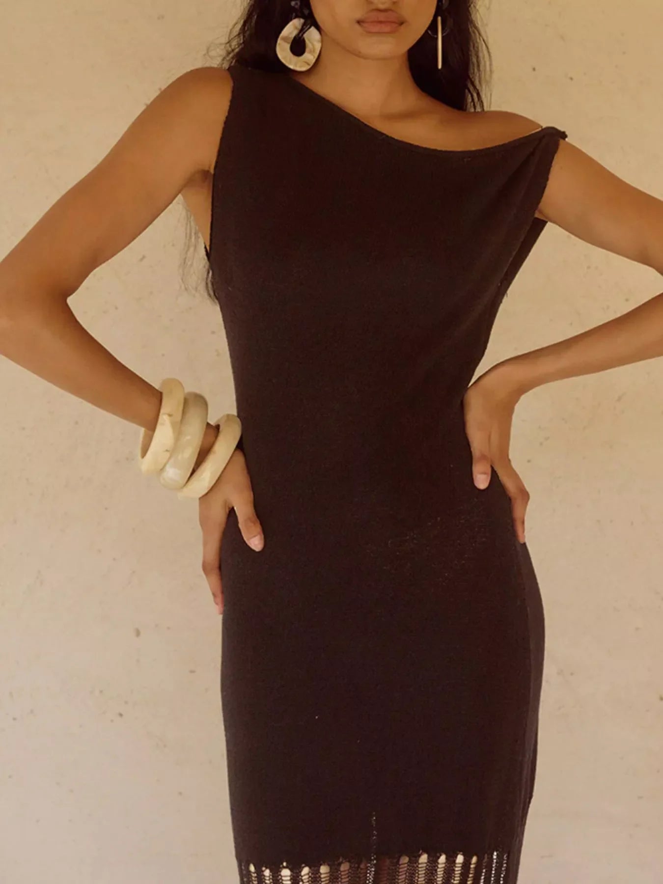 One-Shoulder Fringe Maxi Dress