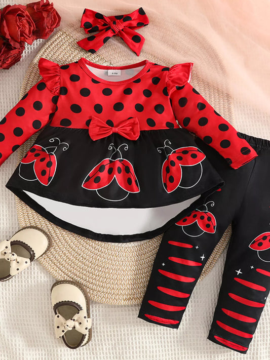 Children's Ladybug Print Ruffle Trim Top and Pants Set