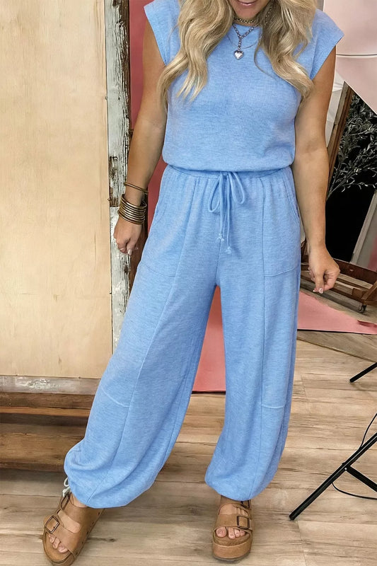 Cap Sleeve Matching Top and Jogger Pants Set