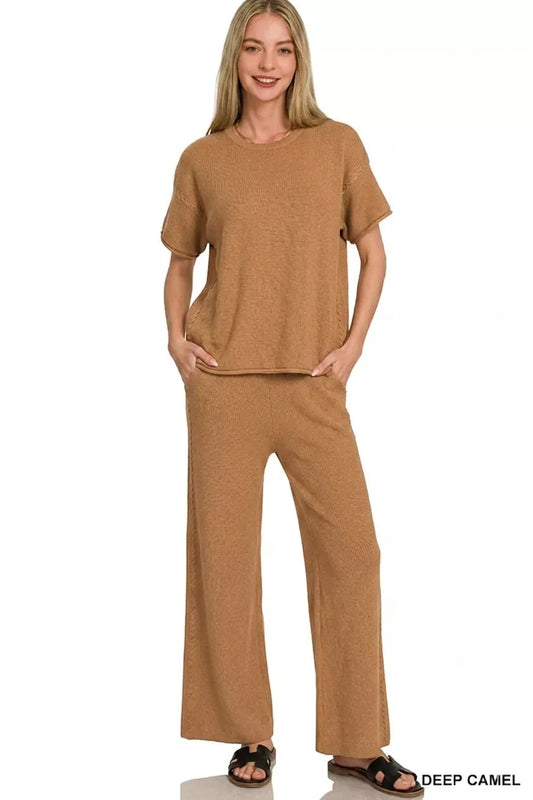 Zenana Viscose Round Neck Top & Pants Set