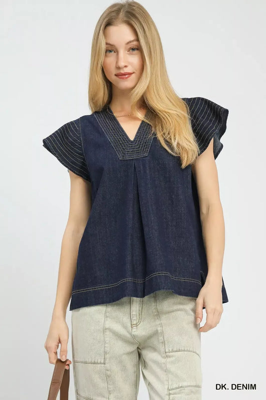 Umgee Cap Sleeve Denim Top