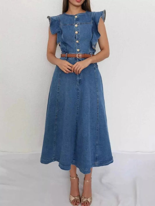 Ruffled Button Front Denim Dress