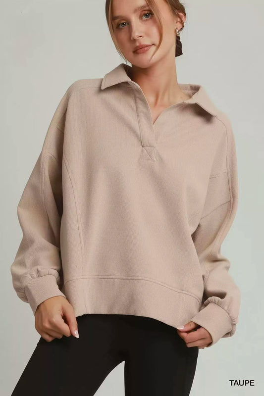 Umgee Brushed Waffle Polo Collared Pullover
