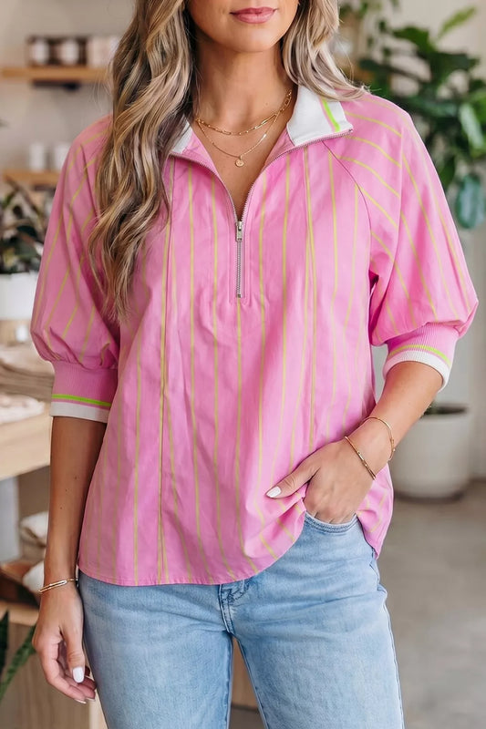 Stripe Striped V-Neck Half Sleeve Zipper Ribbed Cuff Casual Shift Blouse