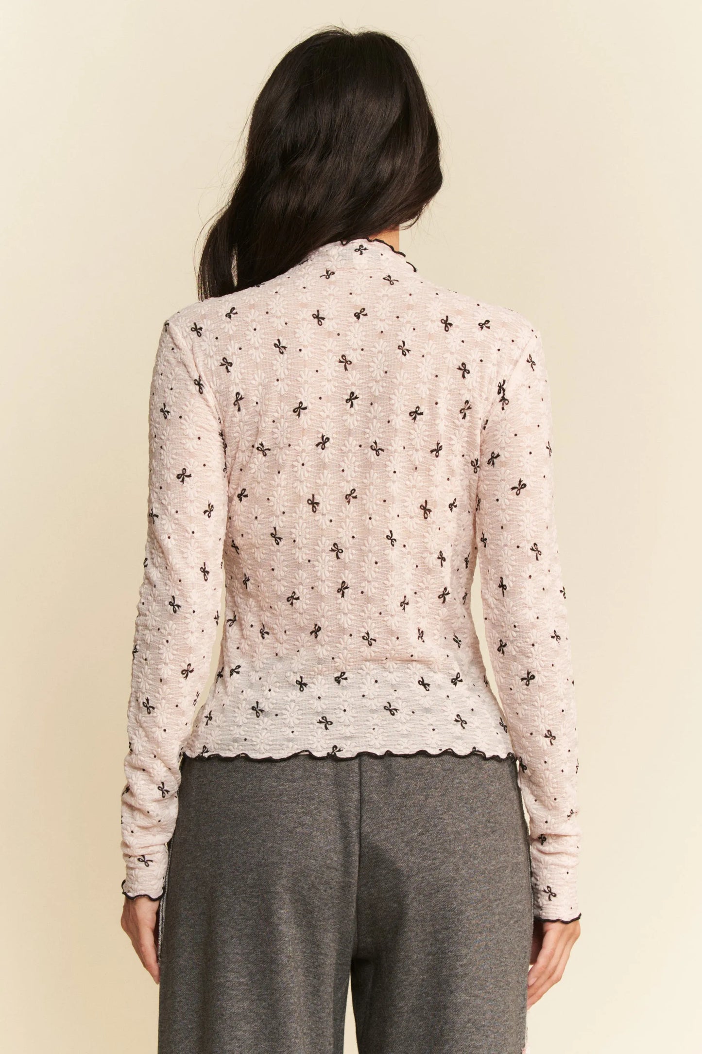 Davi & Dani Ribbon Bow Lace Hem Long Sleeve Mesh Layering Top