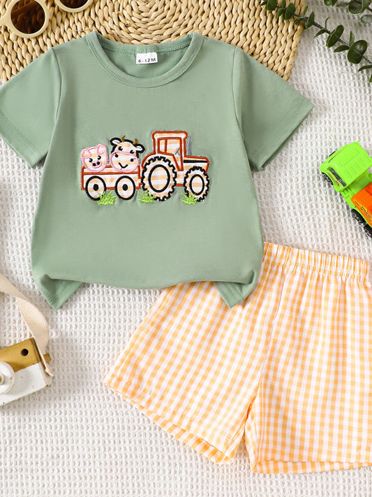 Children's Cartoon Tractor Embroidered Tee and Shorts Set
