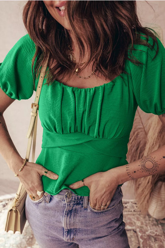 Solid Color Ruched Crossed Waist Tied Back Short Sleeve Peplum Top