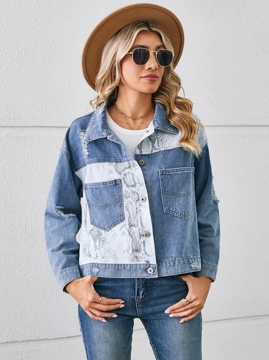 Snake Print Button Up Denim Jacket