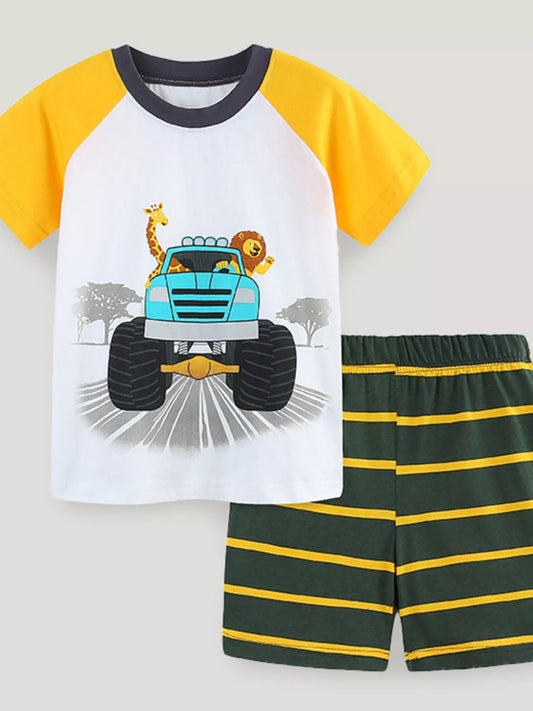Kids' Monster Truck and Animal Graphic Tee and Shorts Pajama Set