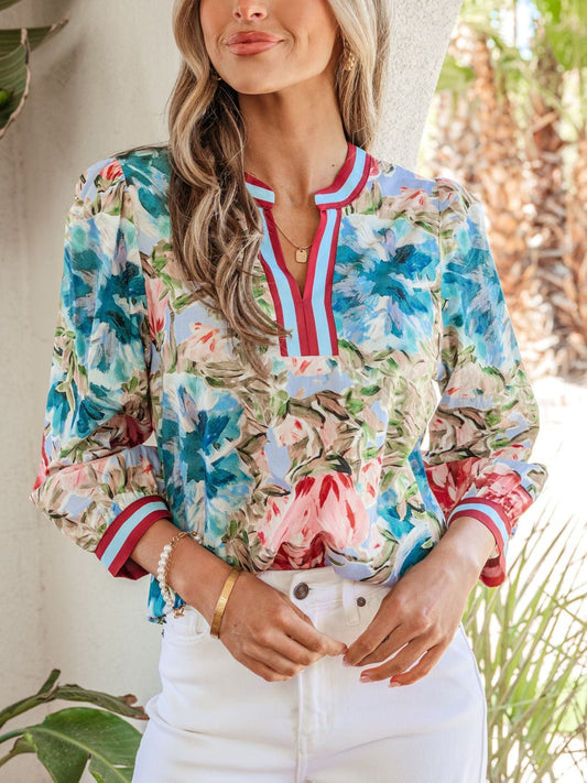 Contrast Trim V Neck Cuffed Bracelet Sleeve Floral Blouse