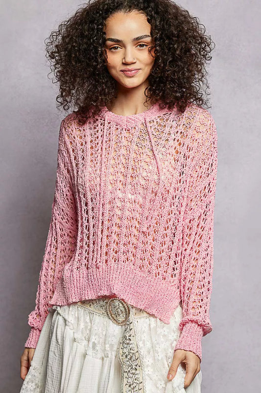 POL Openwork Round Neck High Low Knit Top