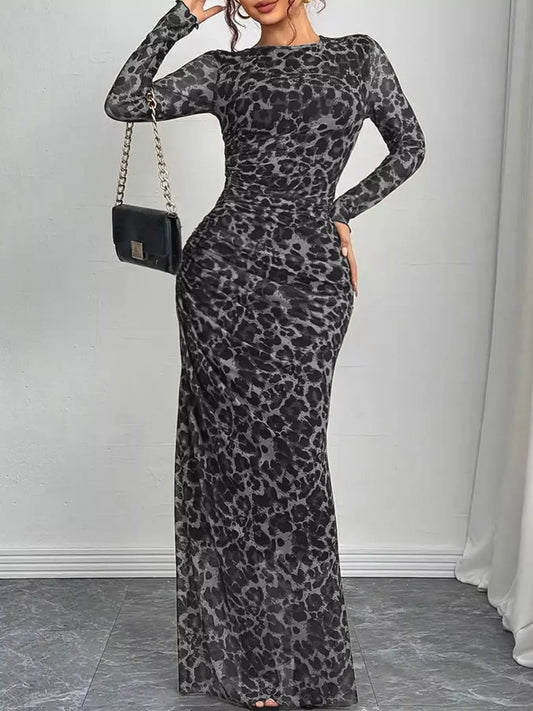 Leopard Ruched Bodycon Maxi Dress