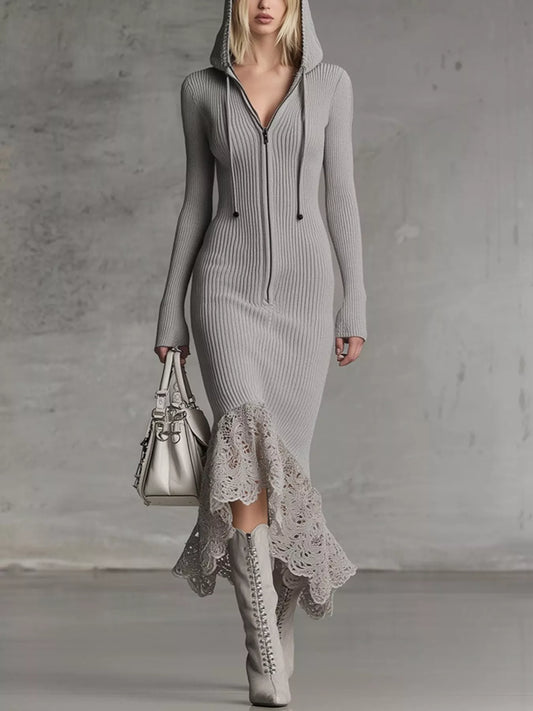 Hooded Ribbed Knit Lace Hem Midi Dress