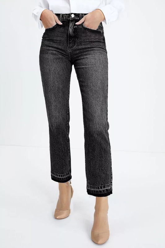 High-Waisted Distressed Hem Straight Leg Jeans