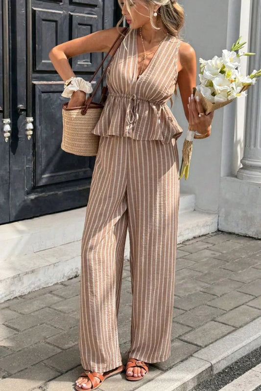 Striped Sleeveless Top and Wide Leg Pants Set