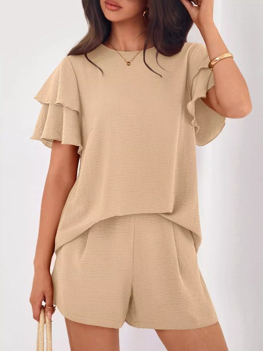 Ruffle Sleeve Top and Shorts Two-Piece Set