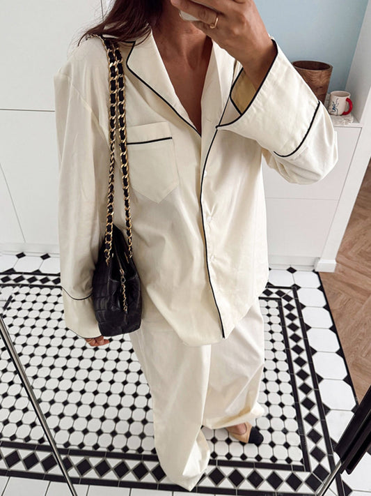 Contrast Trim Button Up Top and Pants Lounge Set