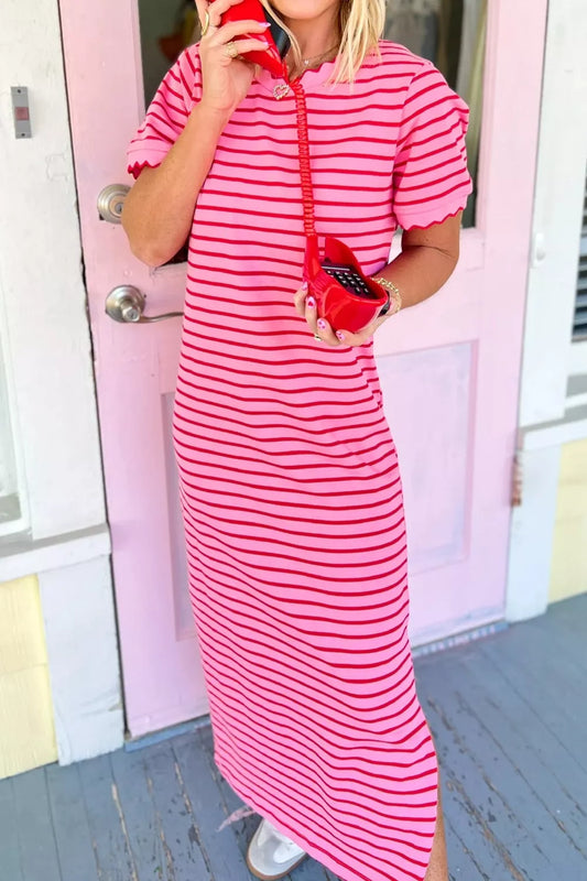 Stripe Striped Short Sleeve Scalloped Trim Side Slit Maxi Tee Dress