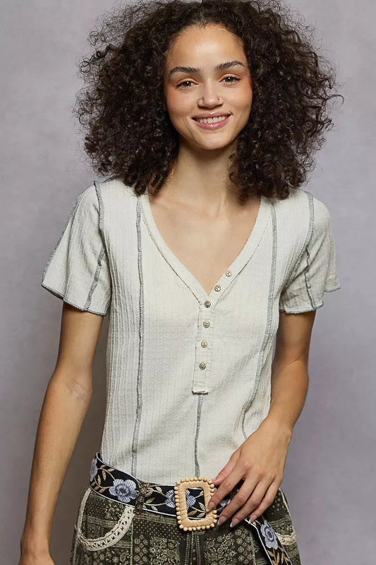 POL V-Neck Short Sleeve Top with Stitch Seam Detail