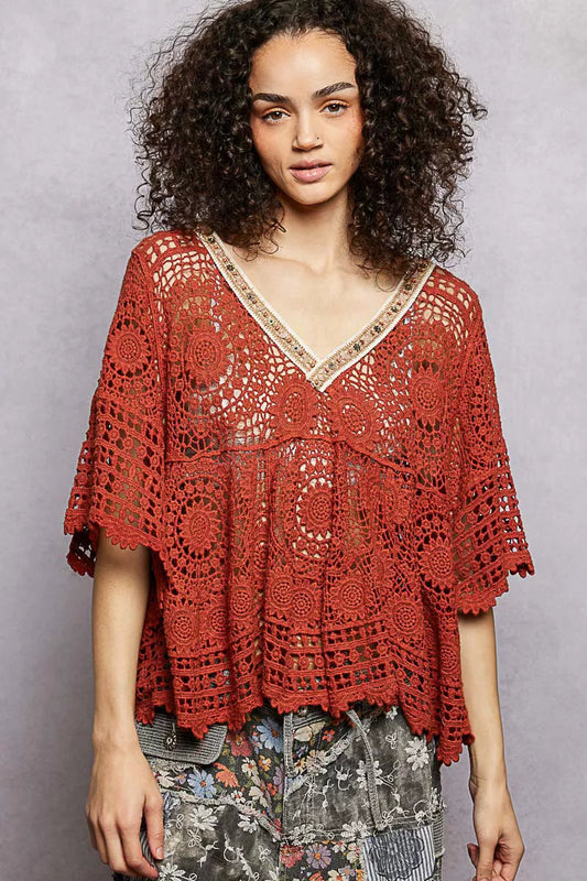 POL V-Neck Crochet Top with Scalloped Hem