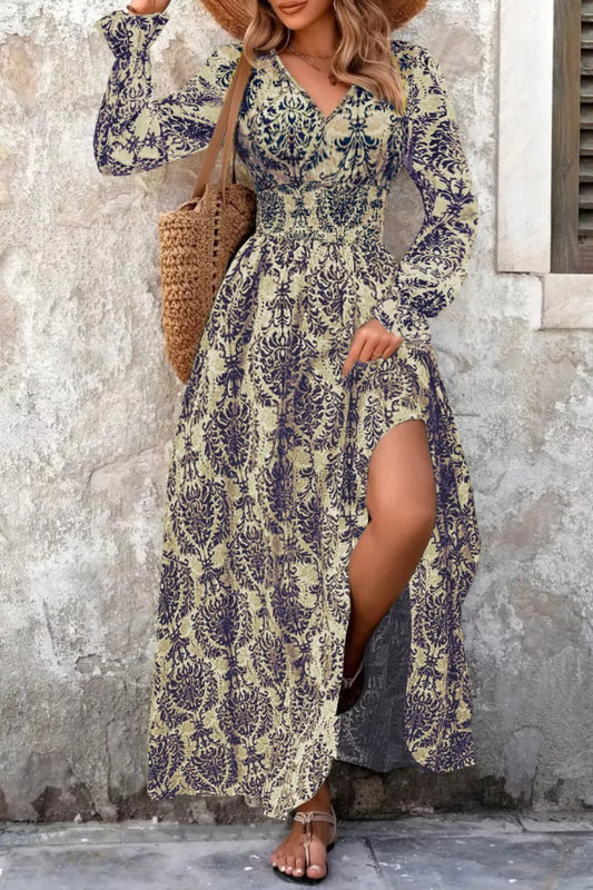 Printed V-Neck Long Sleeve Maxi Dress