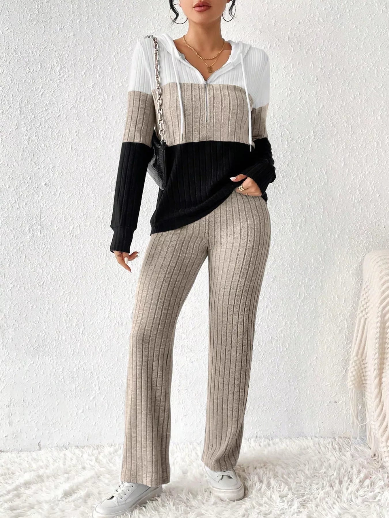 Color Block Half Zip Hooded Top and Pants Set