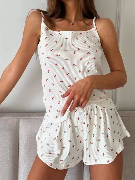 Floral Print Ribbed Knit Cami and Shorts Lounge Set