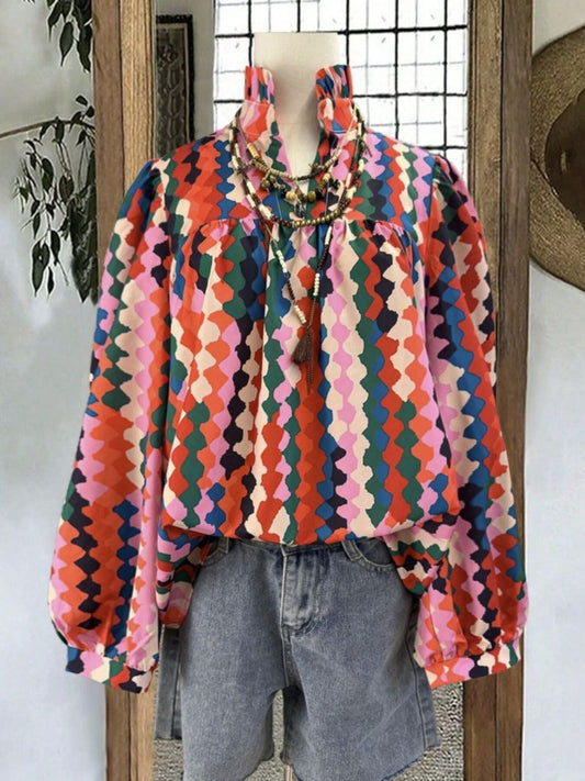 Retro Print Long Sleeve Blouse