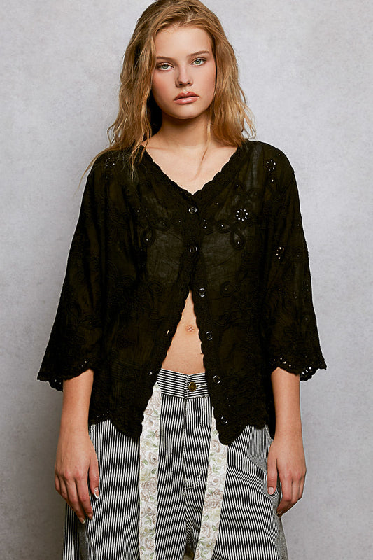 POL Floral Eyelet V-Neck Salloped Shirt