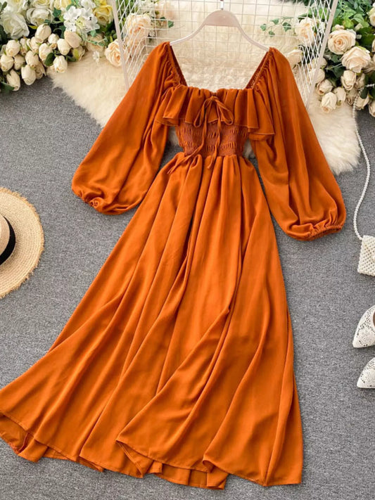 Ruffle Square Neck Balloon Sleeve A-Line Dress