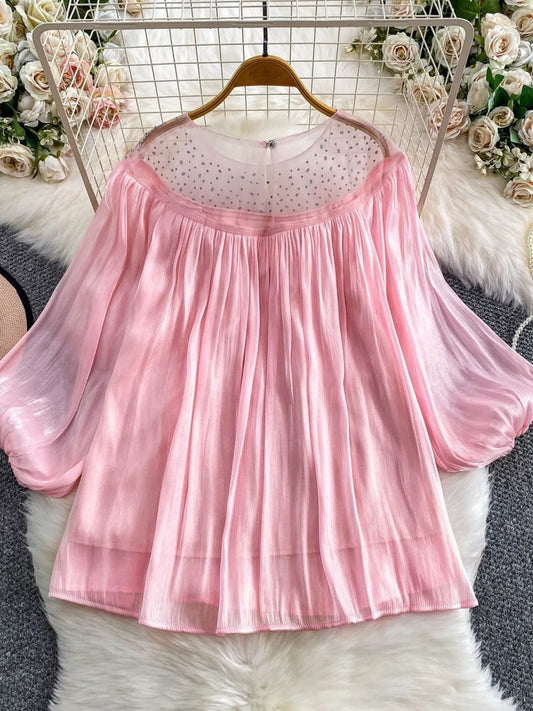 Rhinestone Mesh Panel Blouse