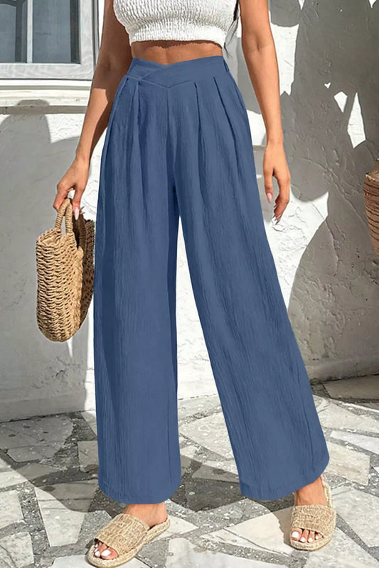 Solid Color Textured Crossed Waist Loose Pants