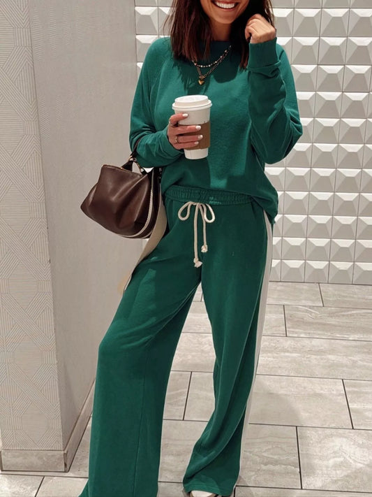 Round Neck Top and Stripe Detail Drawstring Pants Set