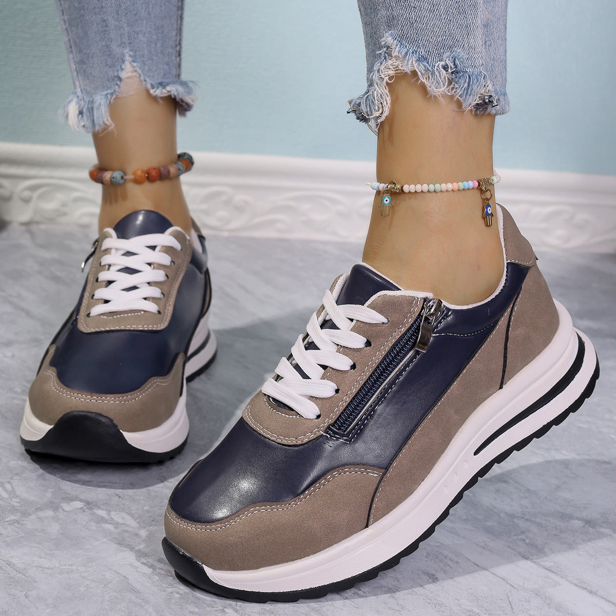 Zipper Detail Lace Up Sneakers