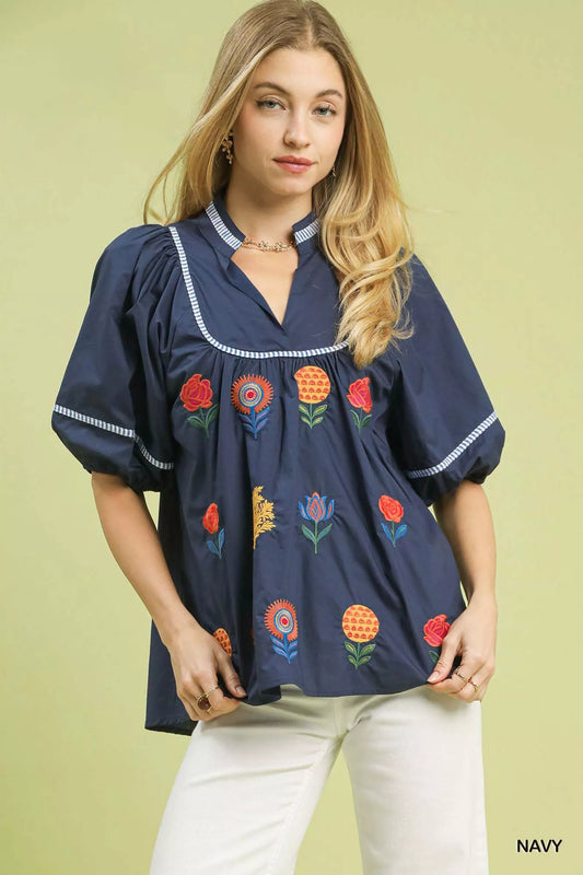 Umgee Embroidered Floral Puff Sleeve Top