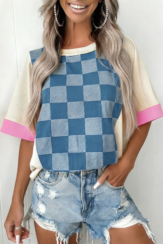 Checkered Denim Patchwork Short Sleeve Loose Top