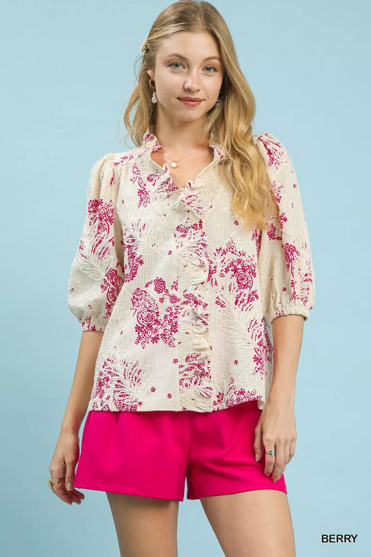Umgee Floral Embroidered Blouse with Ruffle Trim