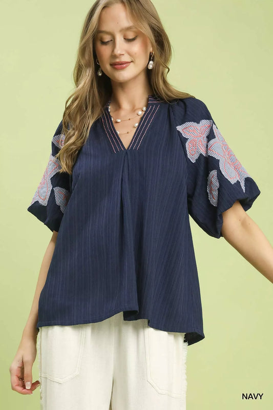 Umgee Embroidered Balloon Sleeve Notch Neck Blouse