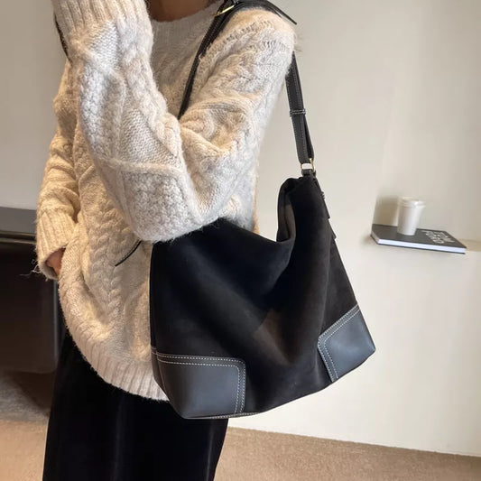 Suede Tote Bag with Leather Trim