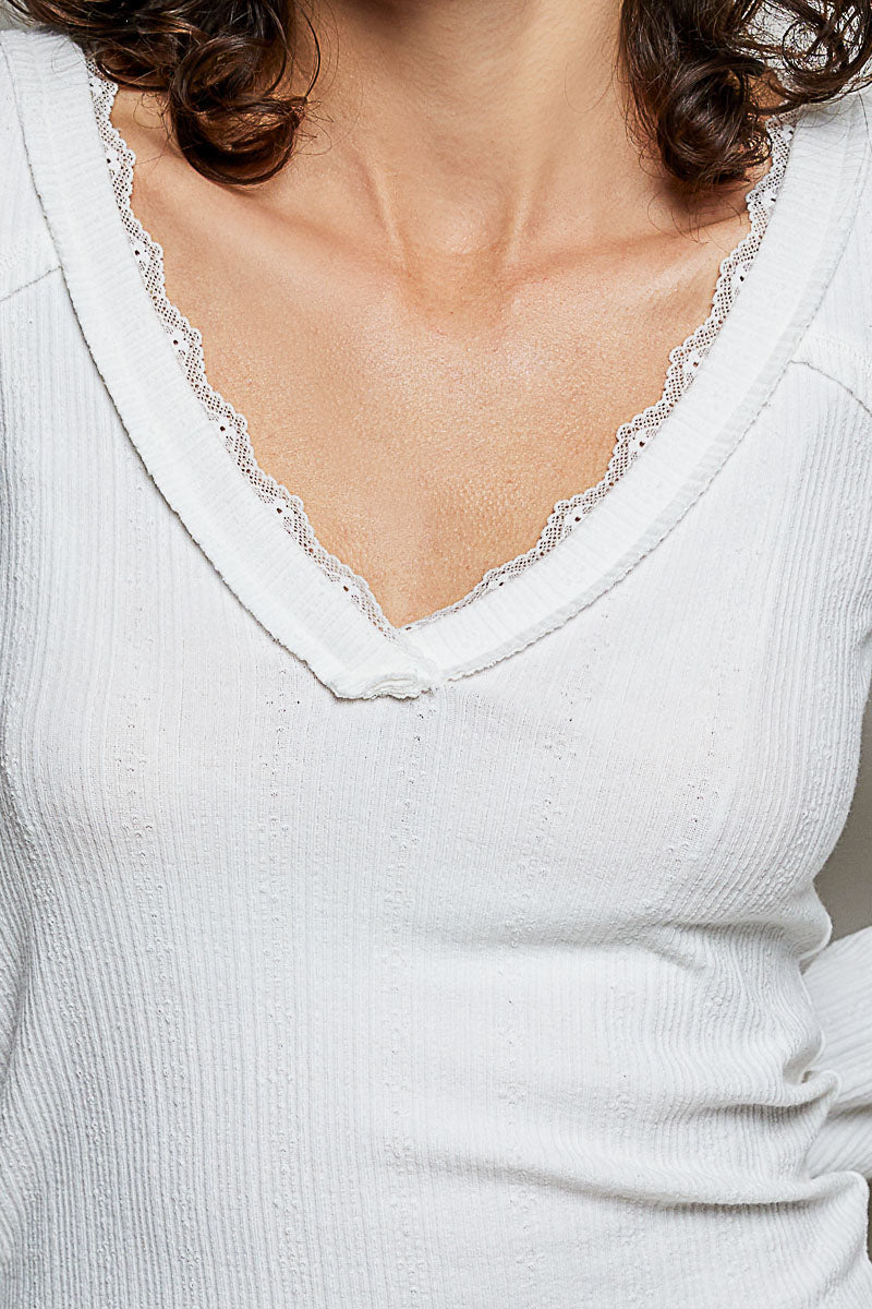 POL V-Neck Long Sleeve Ribbed Top with Lace-Accent Neckband